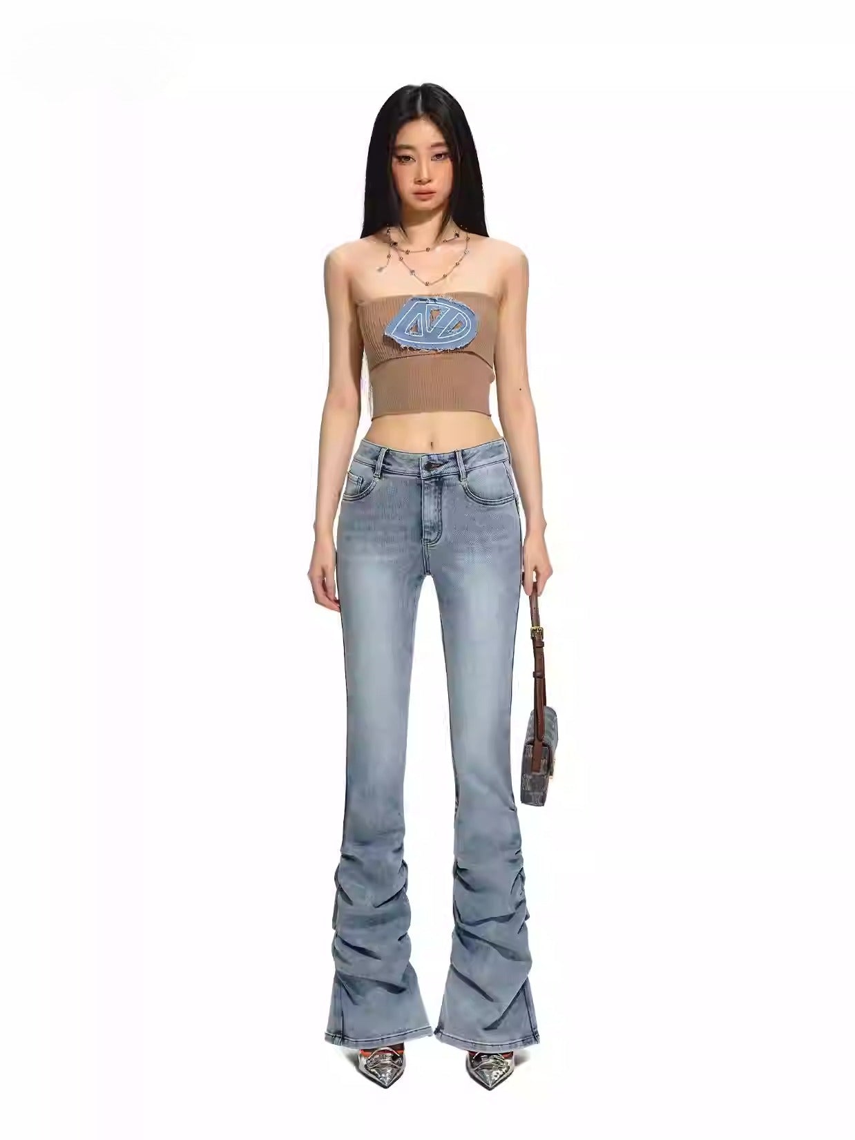 Blue Distressed Slim-Fit Flared Jeans