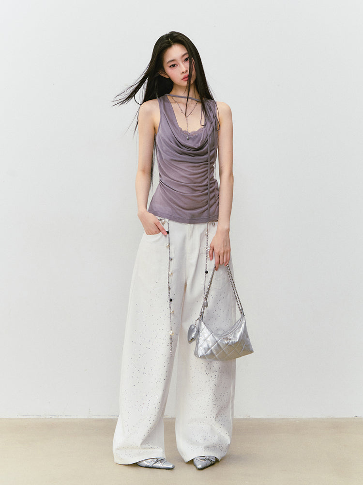 Fake Two-piece Spliced Lace Swing-neck Tank Top - CHINASQUAD