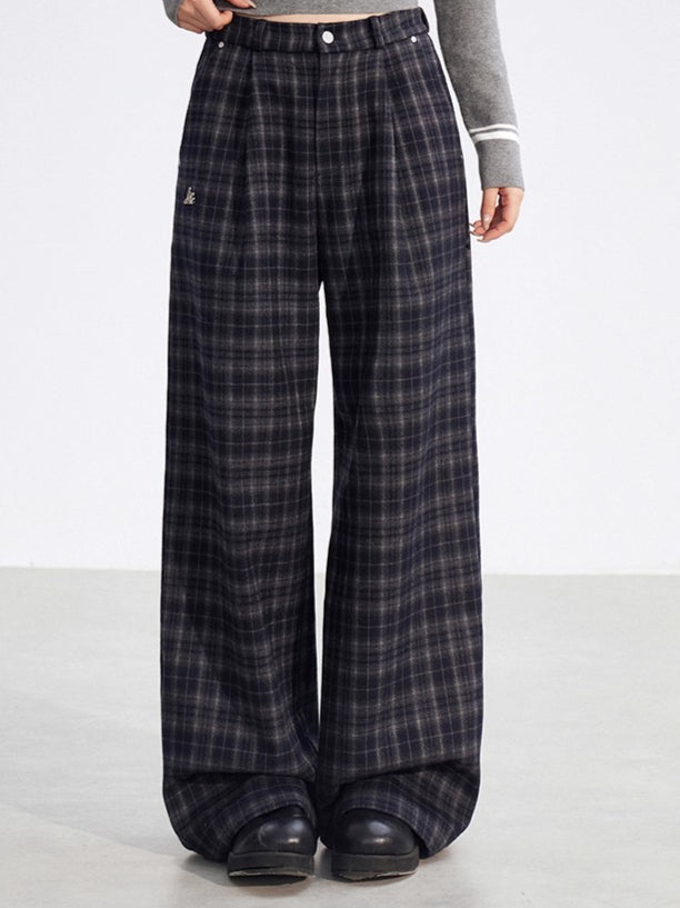 Plaid Fleece-Lined Wide-Leg Trousers