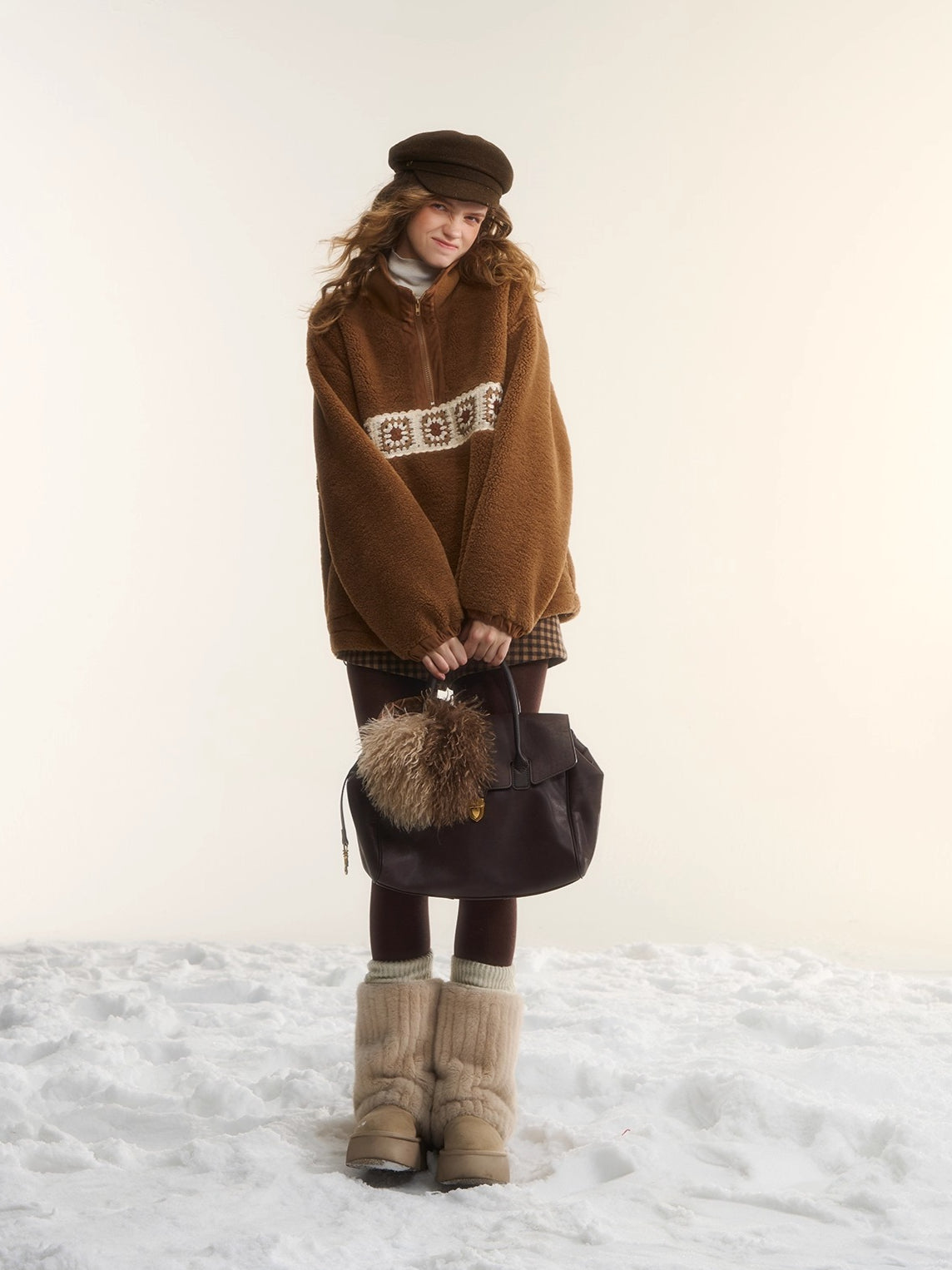 Patchwork Teddy Fleece Zip-Up Sweater