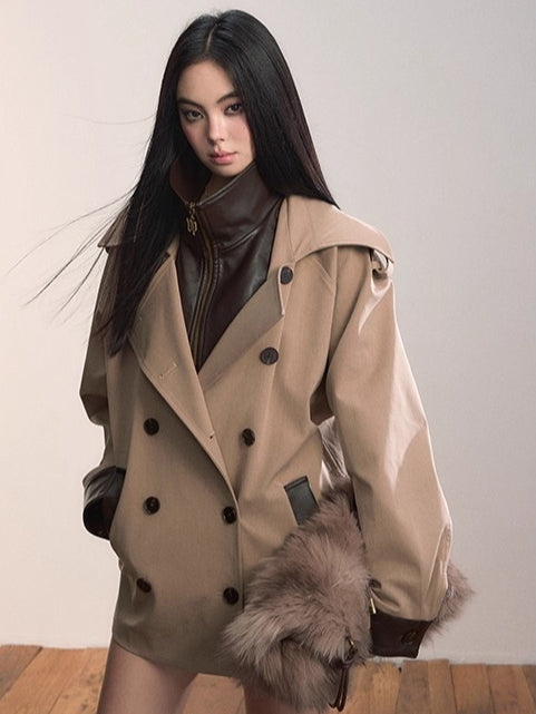 Contrast Faux-Layer Double-Breasted Wool-Blend Jacket - CHINASQUAD