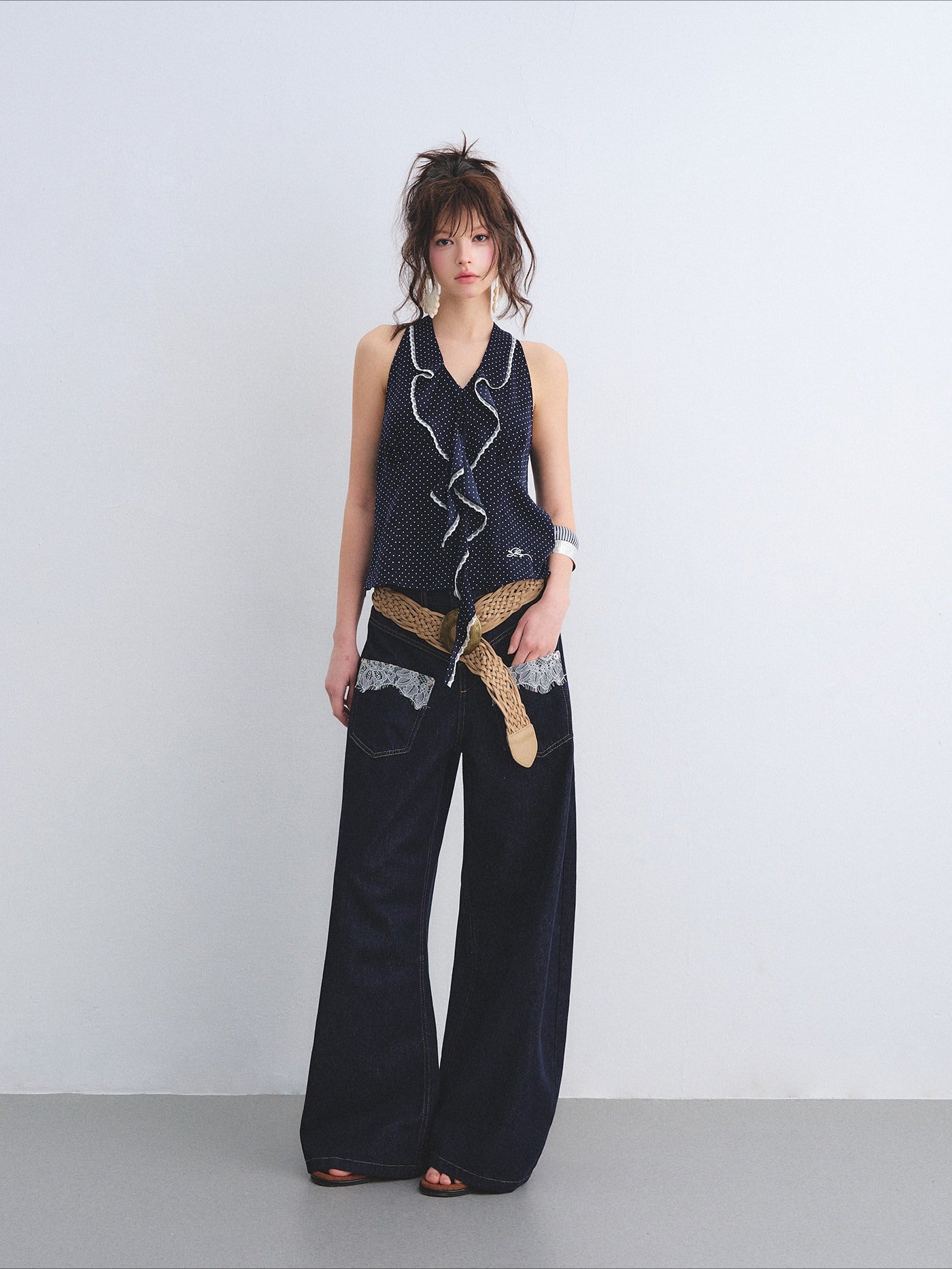 Polka Dot Lace Ruffle V-Neck Camisole