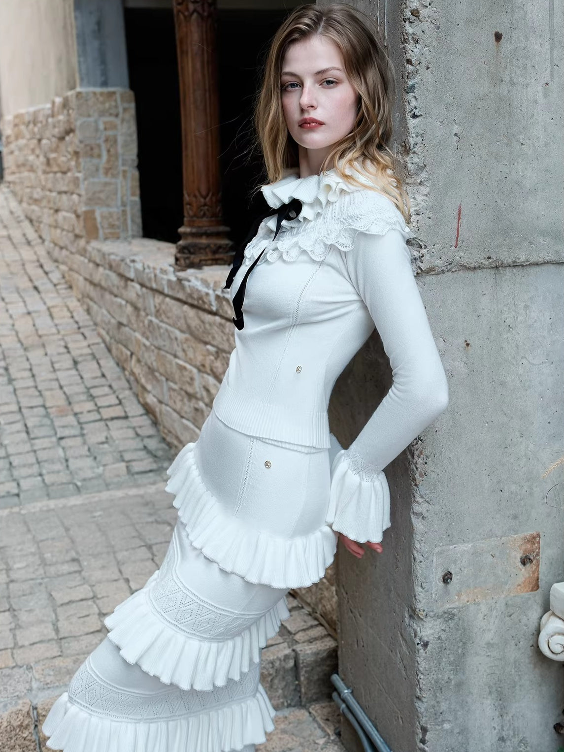 Lace Ruffle Knit Top & Midi Skirt Two-Piece Set