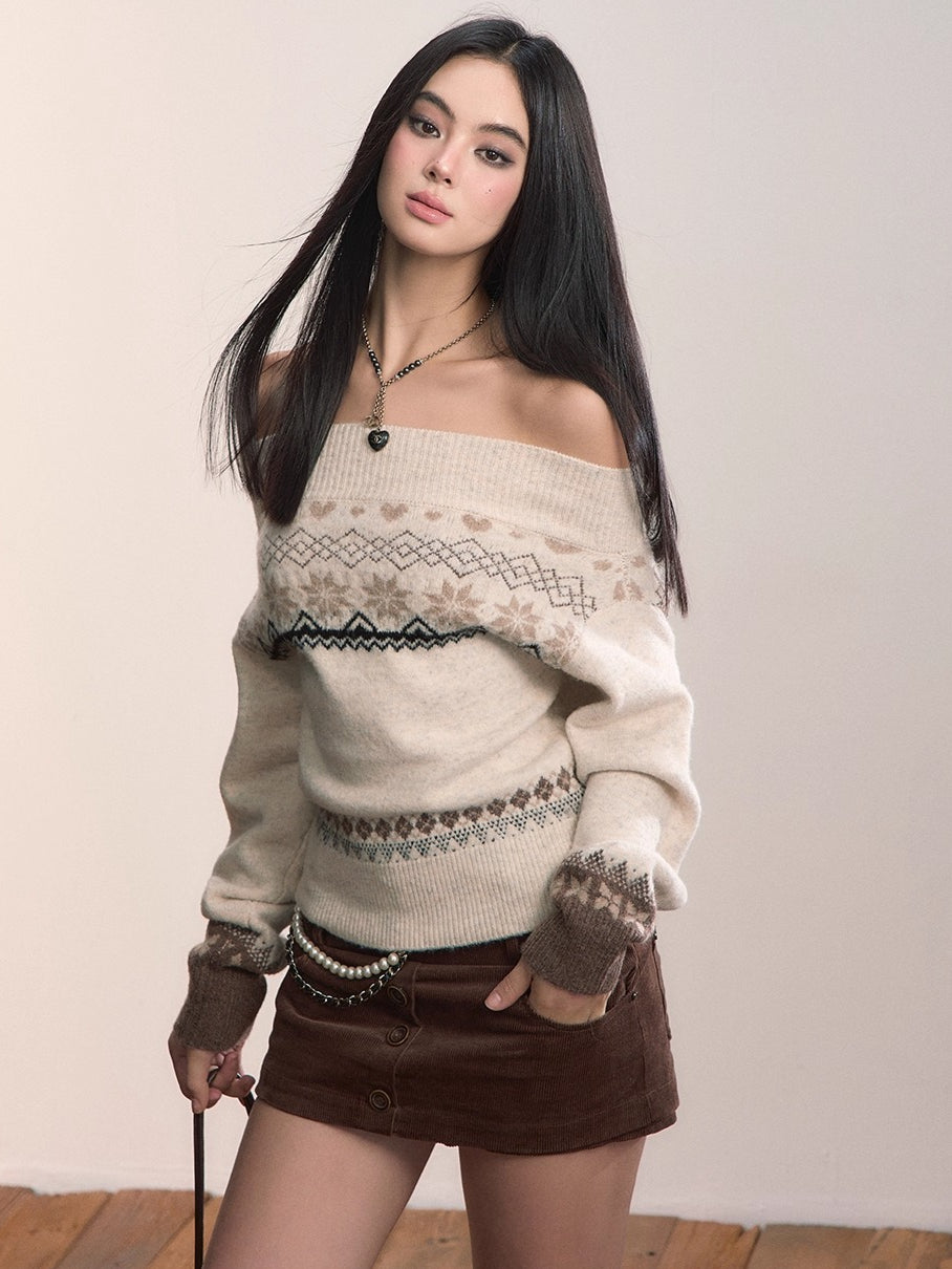 Fair Isle Off-Shoulder Wool Blend Knit Sweater