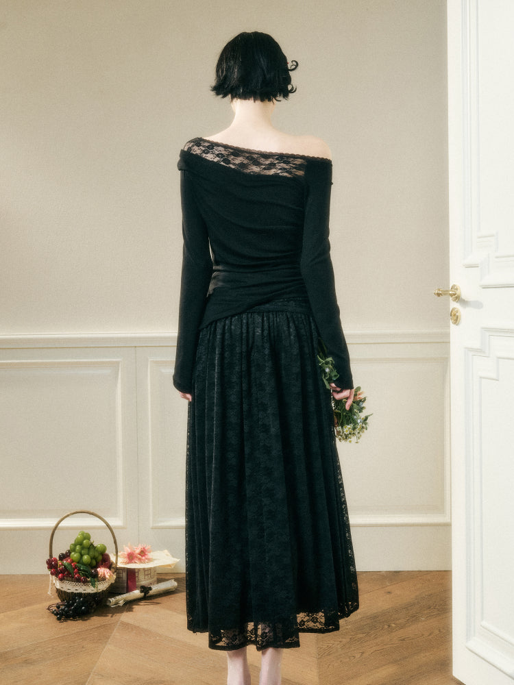 Lace Floral Asymmetrical Off-Shoulder Top & Skirt Set - CHINASQUAD
