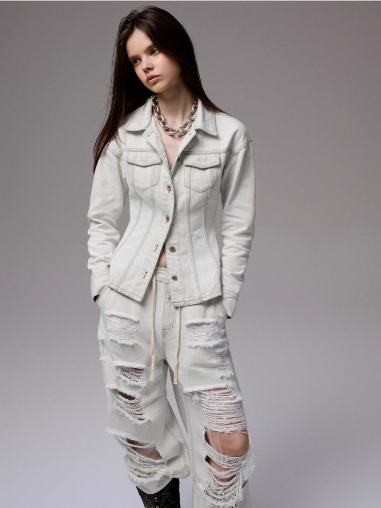 Vintage Washed Waist-Tailored Wide-Shoulder Jacket