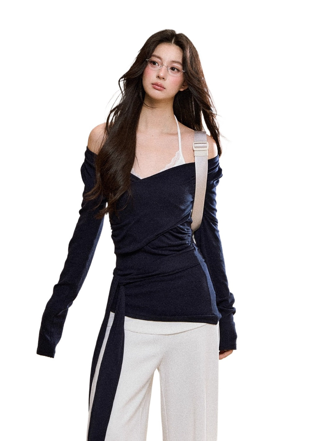 Navy Layered Off-Shoulder Blouse - CHINASQUAD