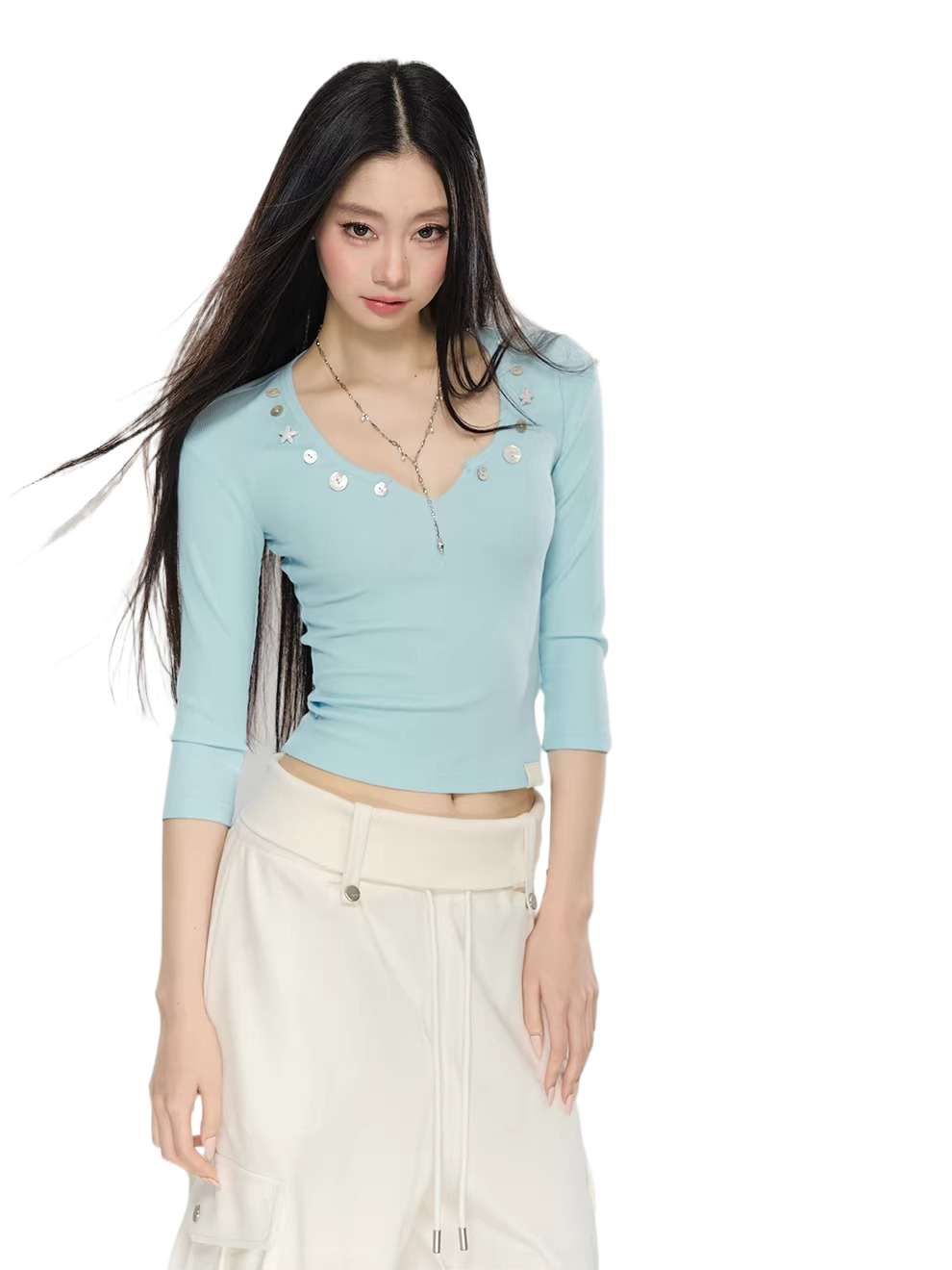 Studded V-Neck Cropped Knit T-Shirts