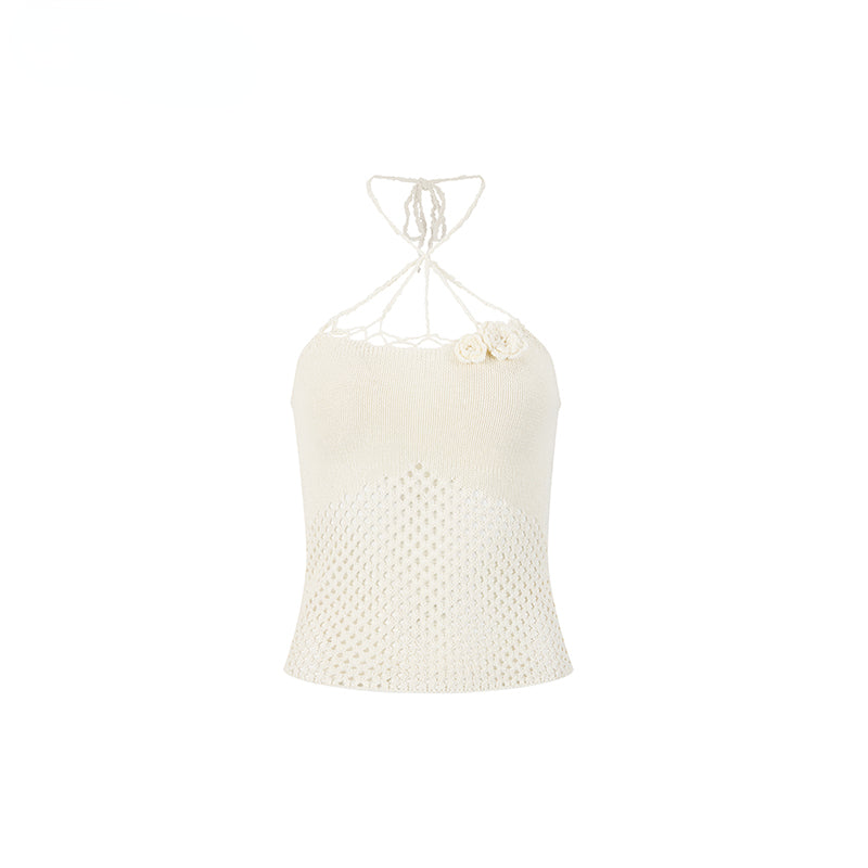 Rose Knitted Hollow Out Spaghetti Strap Tank Top - CHINASQUAD