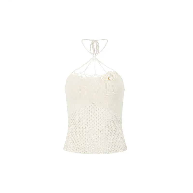 Rose Knitted Hollow Out Spaghetti Strap Tank Top - CHINASQUAD