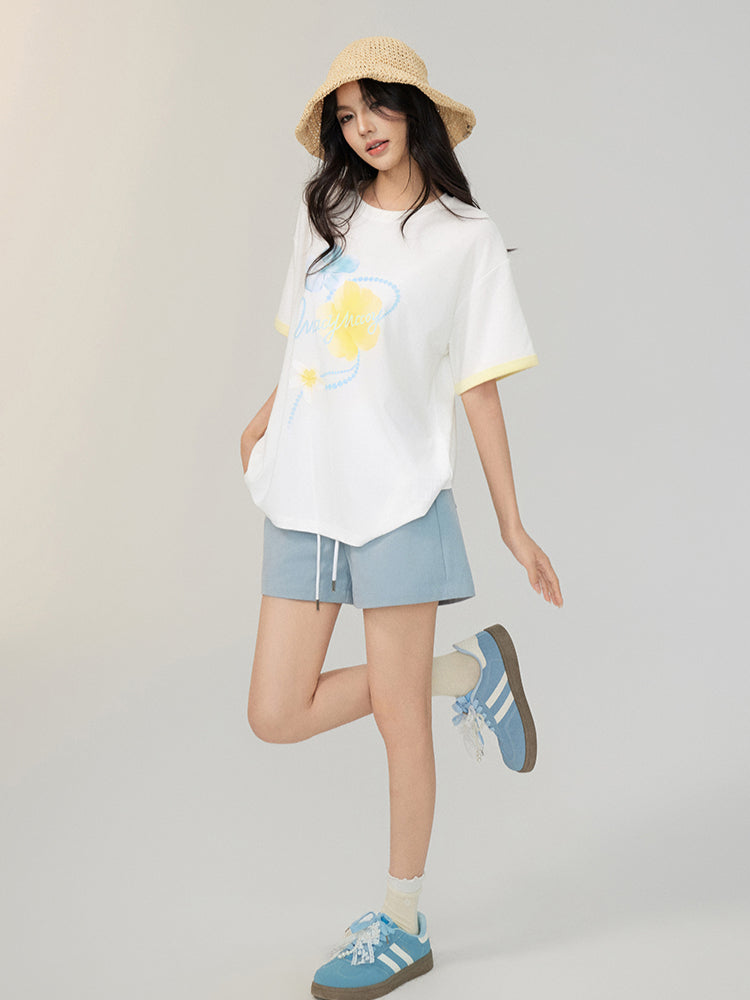White Contrast-Color Cooling Floral T-shirt