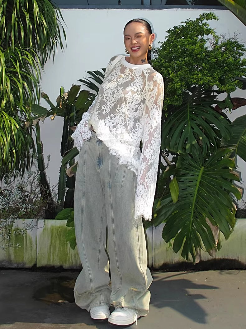 Washed Wide-Leg Denim Pants