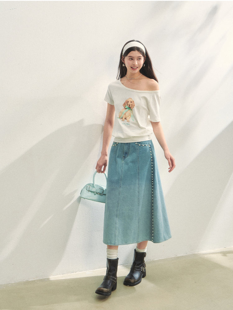 Asymmetric Shoulder Bow Puppy Printed T-Shirt - CHINASQUAD
