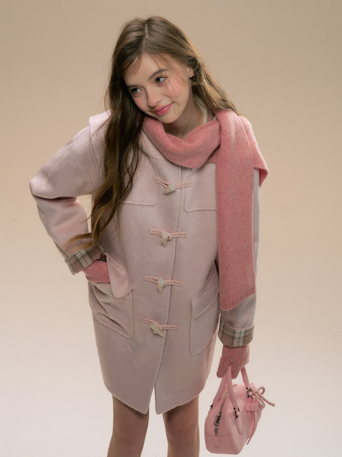 (Final Sale) Pink Plaid Horn-buttoned Coat - CHINASQUAD