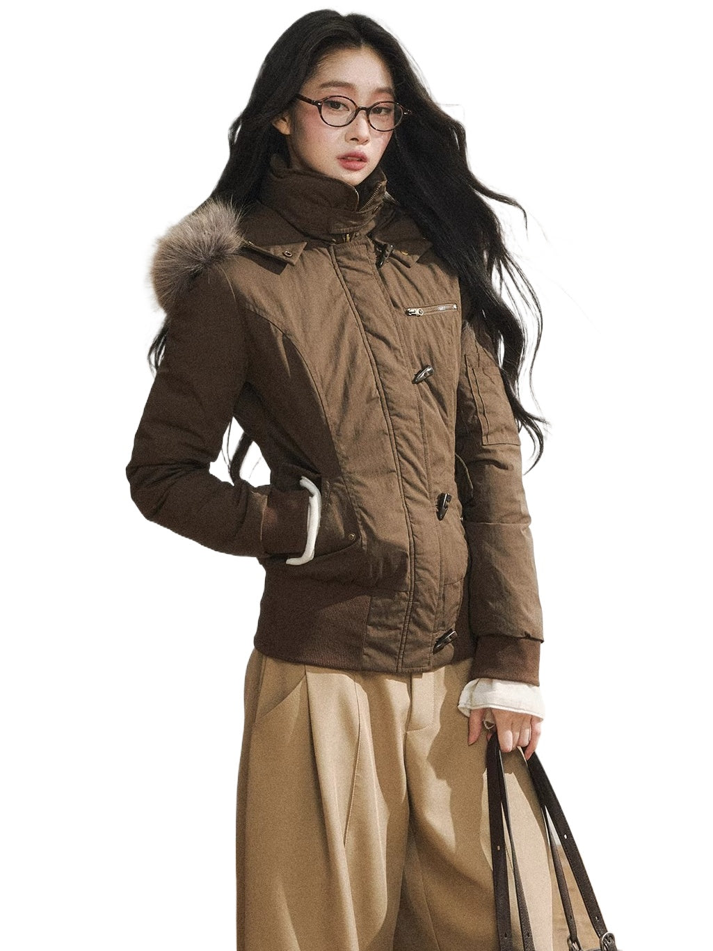 Two-Tone Faux Fur Collar Hooded Duffle Puffer Jacket