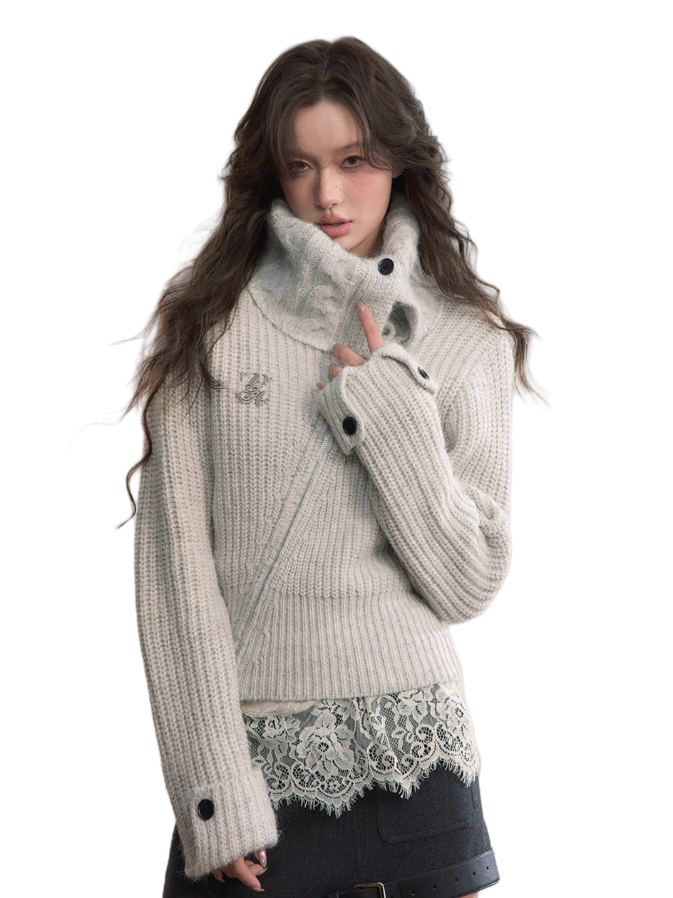 Oversized Lapel Asymmetrical Zip Knit Cardigan - CHINASQUAD