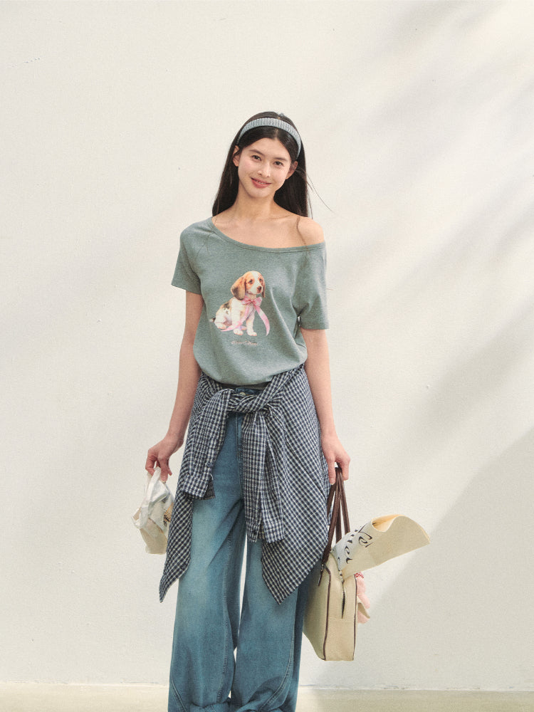 Asymmetric Shoulder Bow Puppy Printed T-Shirt - CHINASQUAD