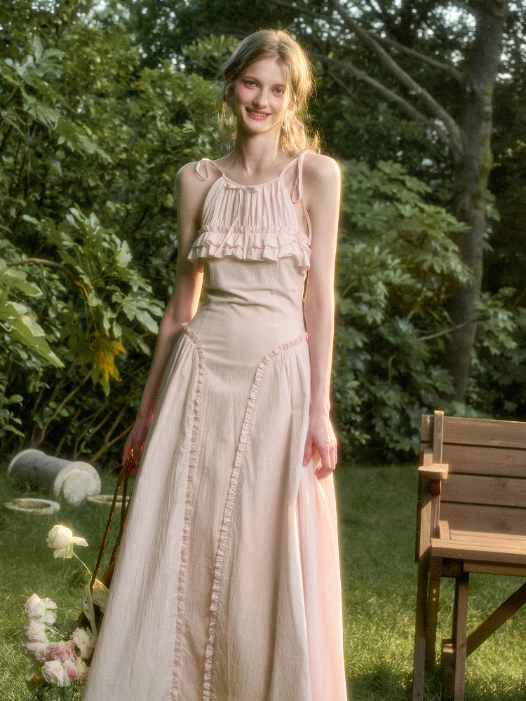 Washed Cotton Halter Long Dress - CHINASQUAD