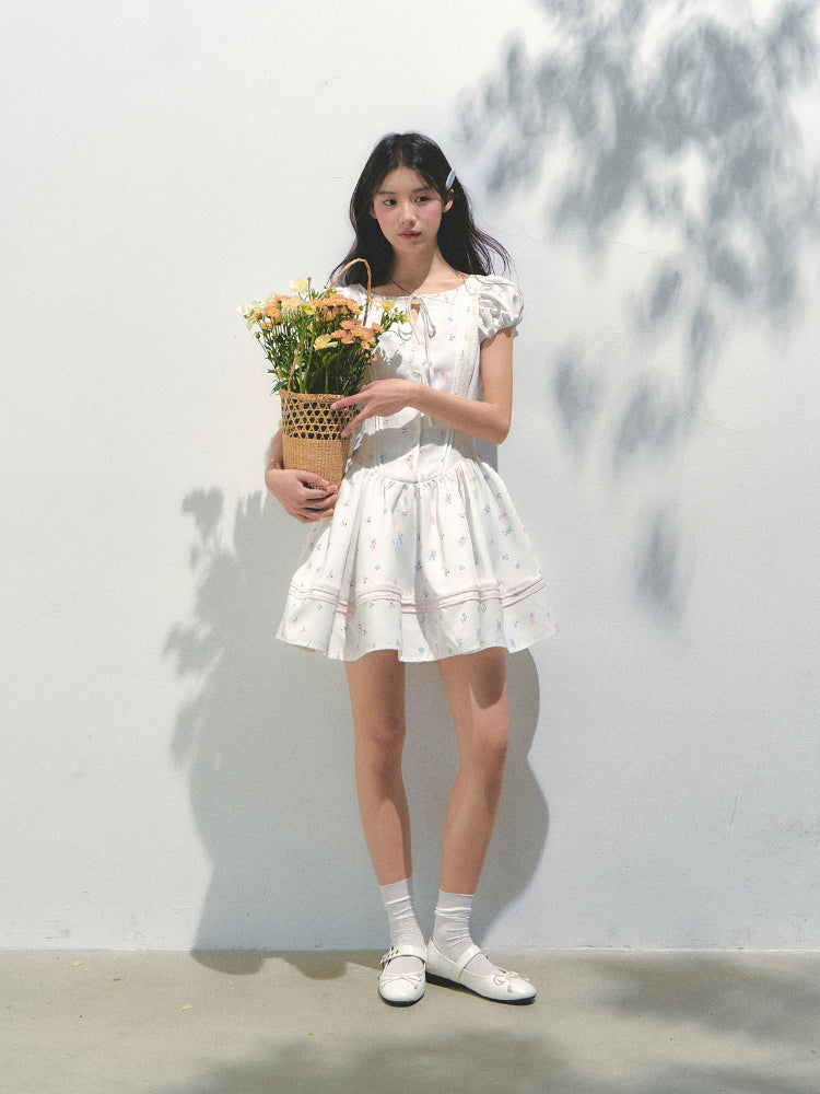 Puff Sleeve Printed Waist - cinching Dress - CHINASQUAD