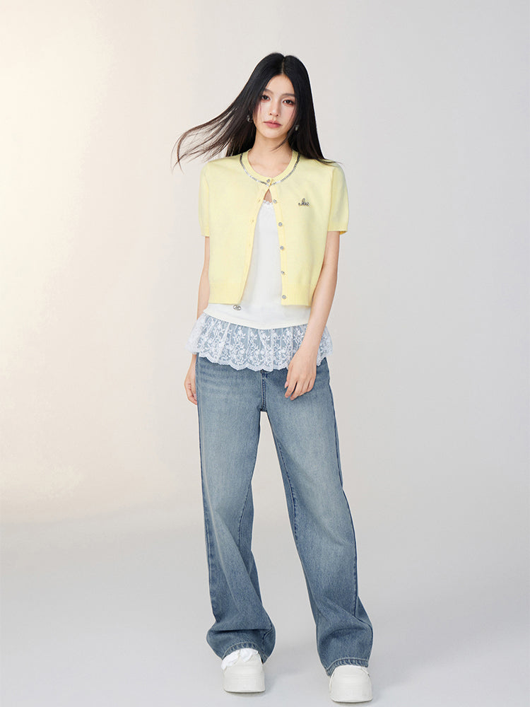 Rhinestone Button Knitted Short-Sleeve Cardigan - CHINASQUAD