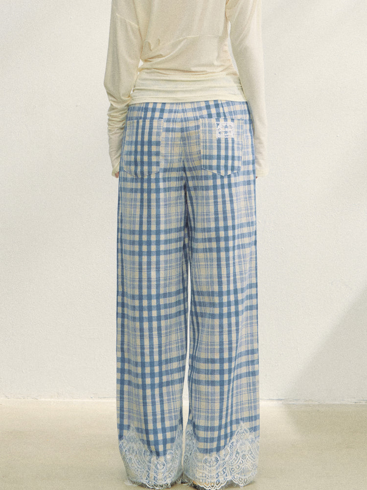 Lace Panel Checked Straight-Leg Pants - CHINASQUAD
