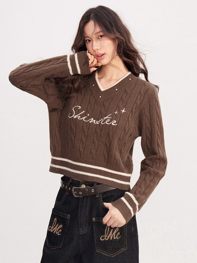 Layered-Effect Embroidered Knit V-Neck Sweater