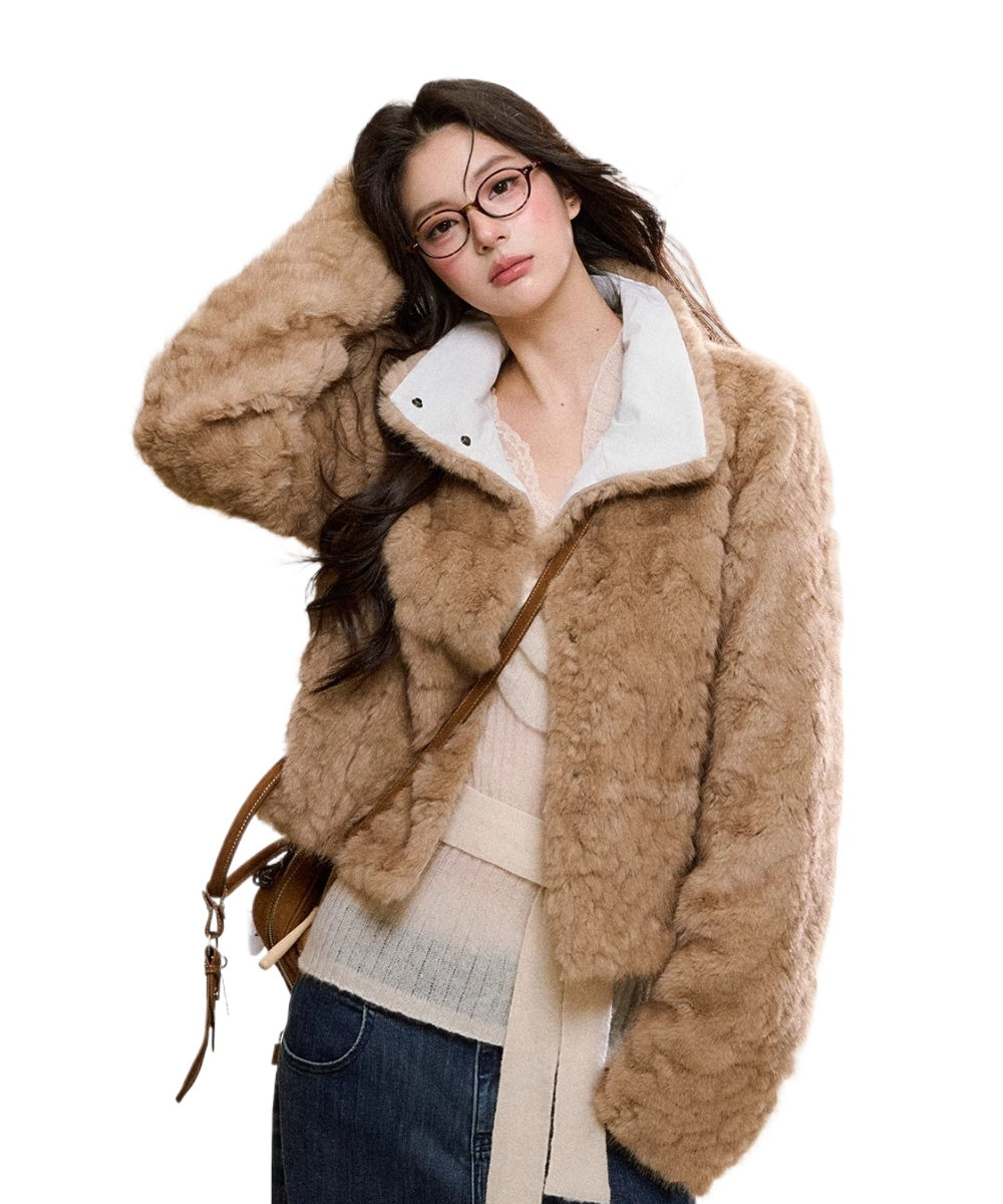 Khaki Faux Fur Collar Wool-Blend Jacket - CHINASQUAD