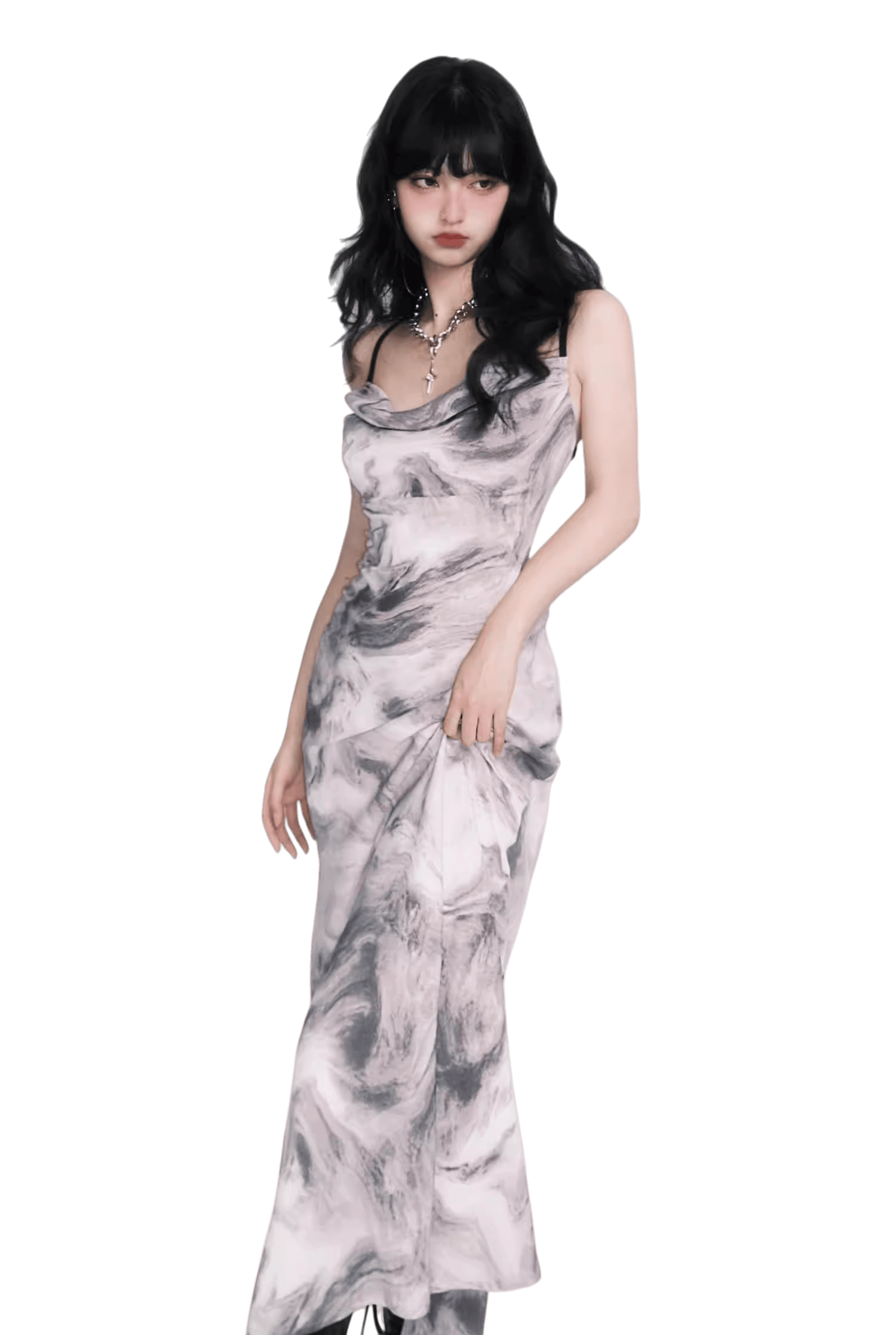 New Chinese Cowl-Neck Backless Maxi Dress Gray / XS