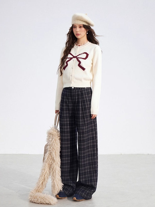 Plaid Fleece-Lined Wide-Leg Trousers