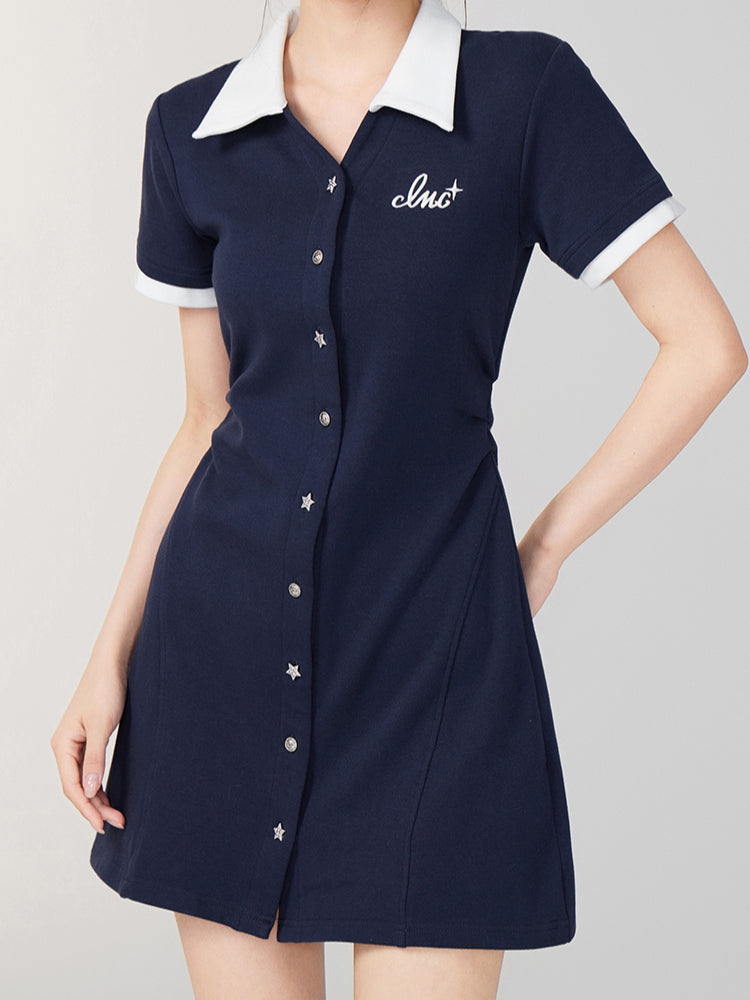 Color-Blocked Button-Up Waist Cinching Polo Dress - CHINASQUAD