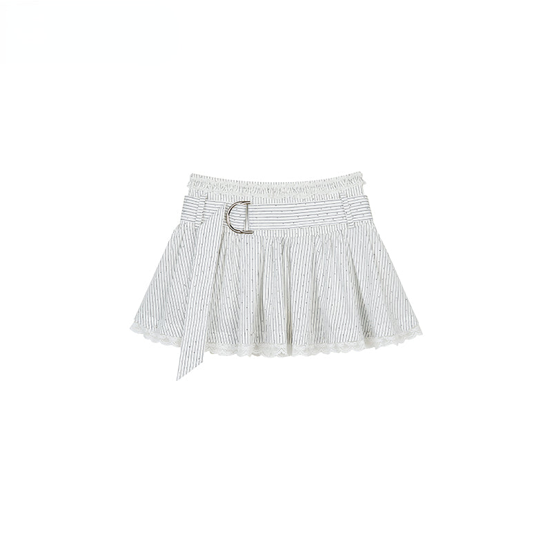 Shiny Rhinestone Striped Lace Patchwork Shirt & Skirt - CHINASQUAD