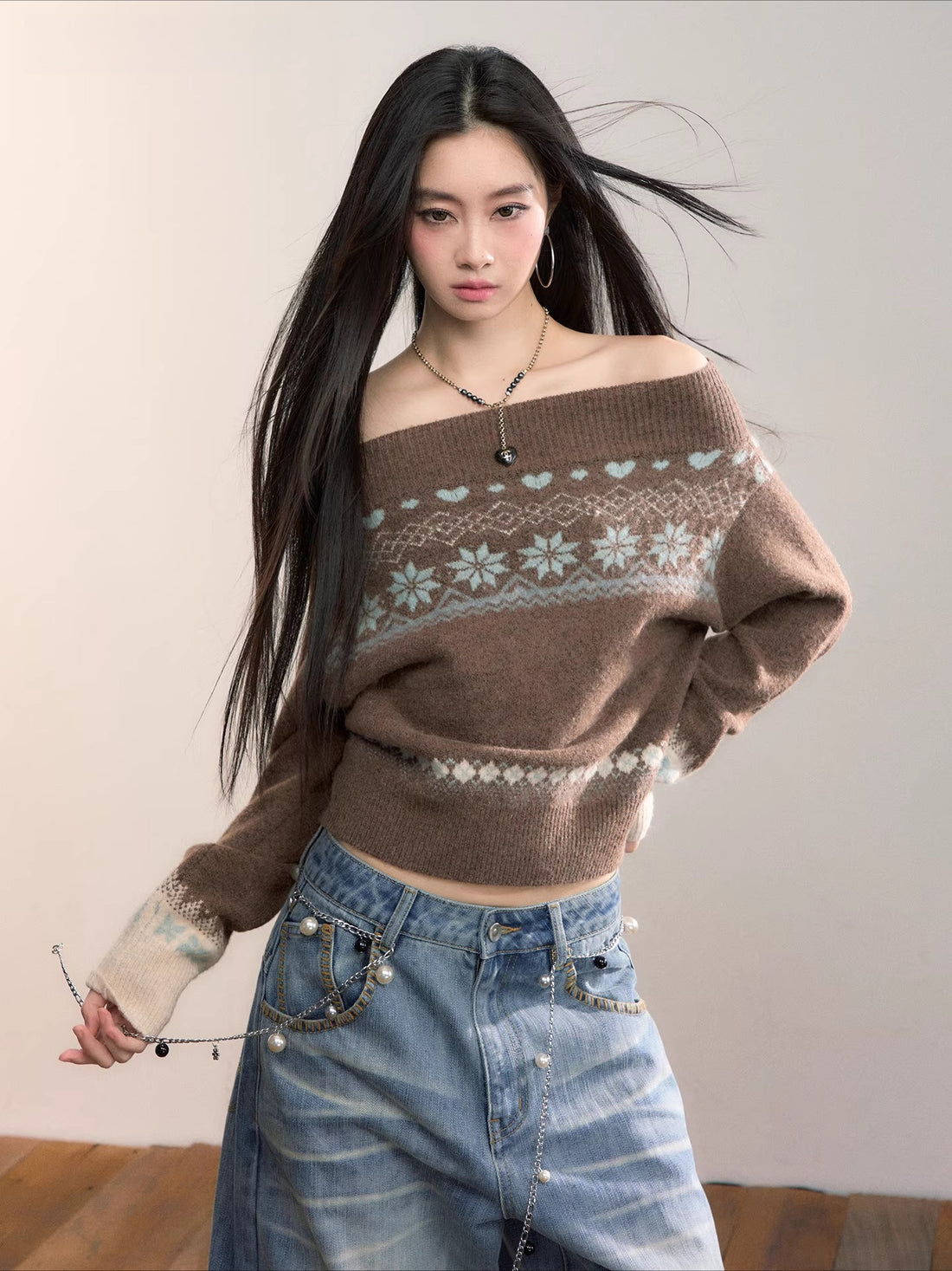 Fair Isle Off-Shoulder Wool Blend Knit Sweater