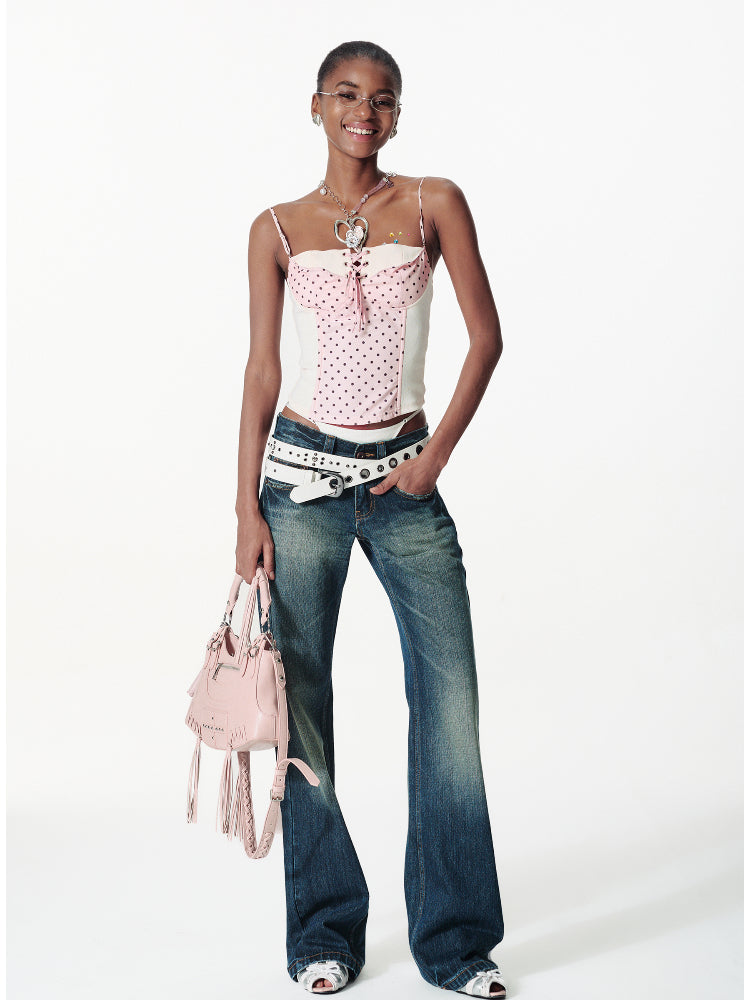 Strappy Contrast Polka Dot Plaid Cami - CHINASQUAD