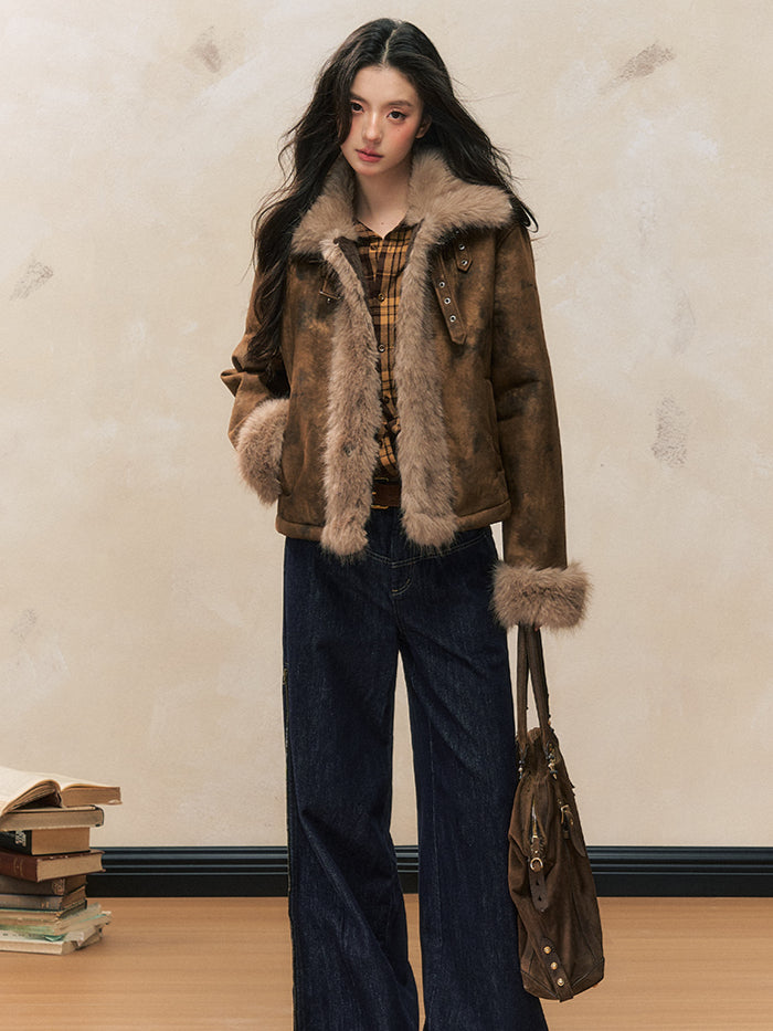 Blue High-Waist Side-Zip Denim Fleece-lined Wide-Leg Pants - CHINASQUAD