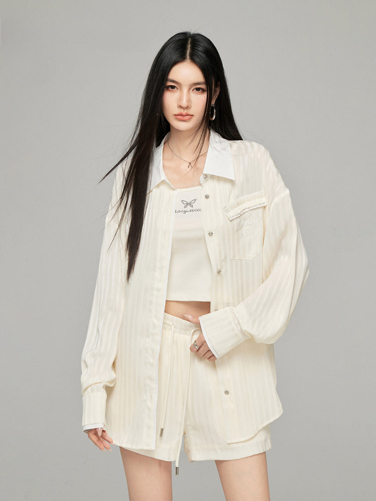 Color-block Shiny Silk Shirt & Shorts Set