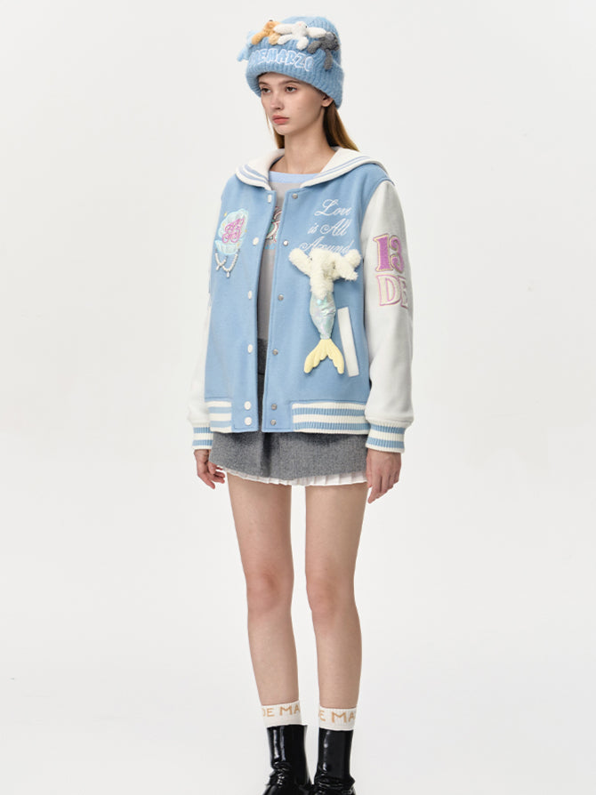Blue & Gray Mermaid Baseball Jacket - CHINASQUAD