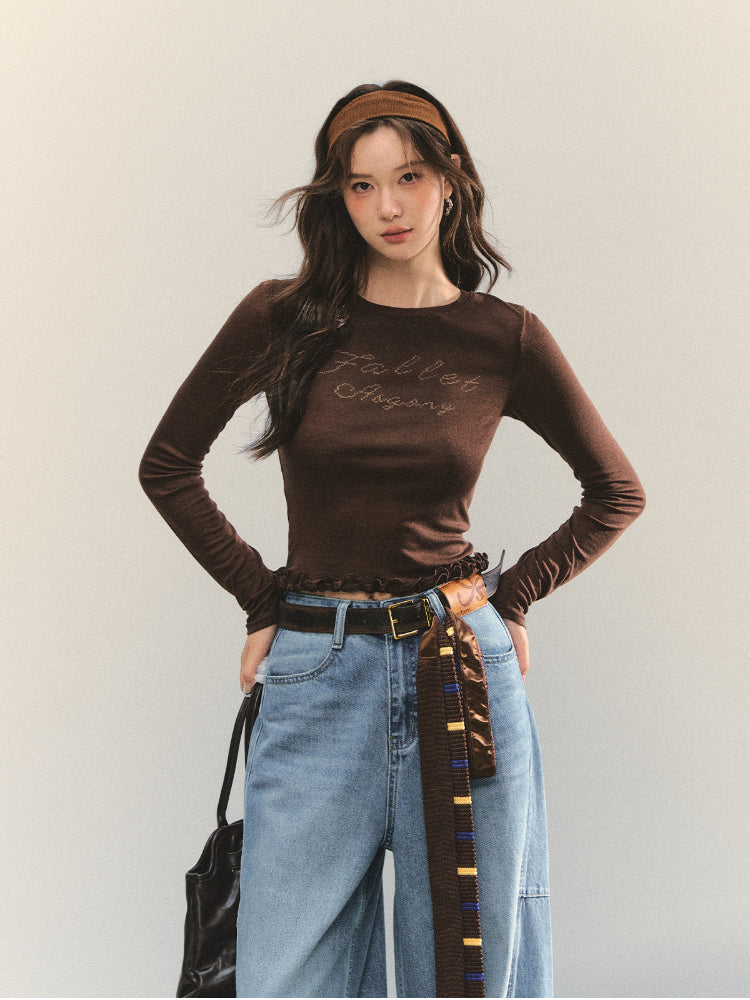 Ruffle Hem and Printed Splicing Cropped T-Shirts - CHINASQUAD