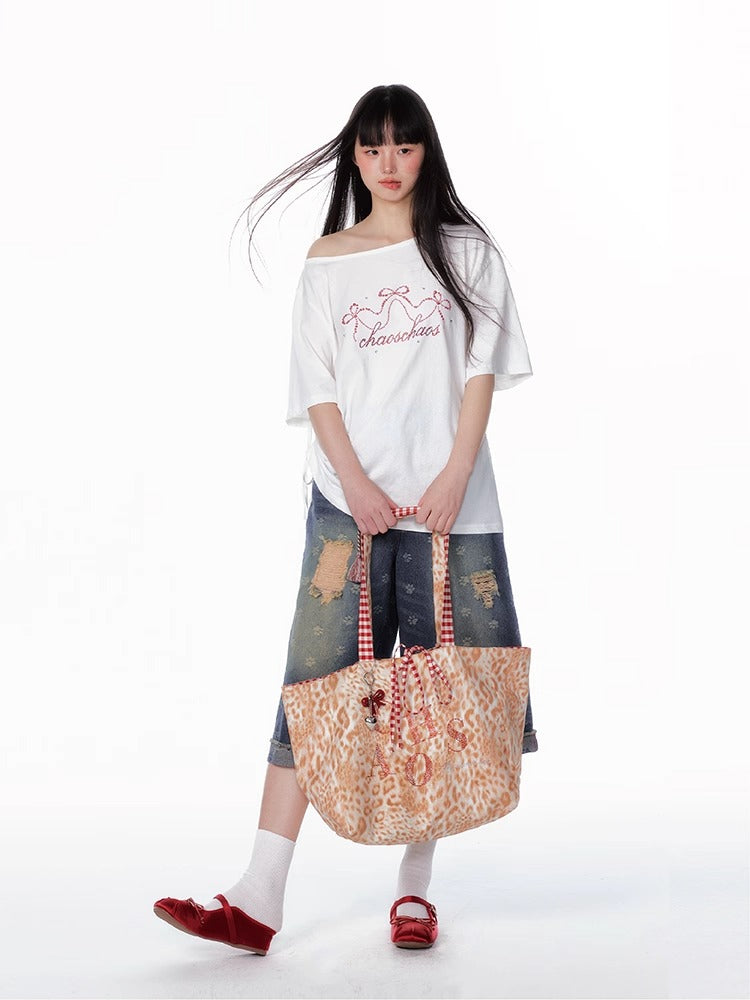 Asymmetric Bow & Pearl Off-Shoulder T-Shirt