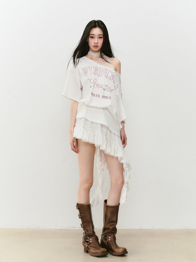 Off-shoulder Letter Hollow-out Spliced T-shirt - CHINASQUAD