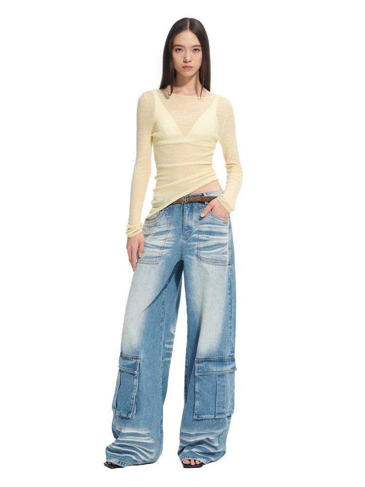Washed Twill Denim Whisker Wide-leg Jeans - CHINASQUAD