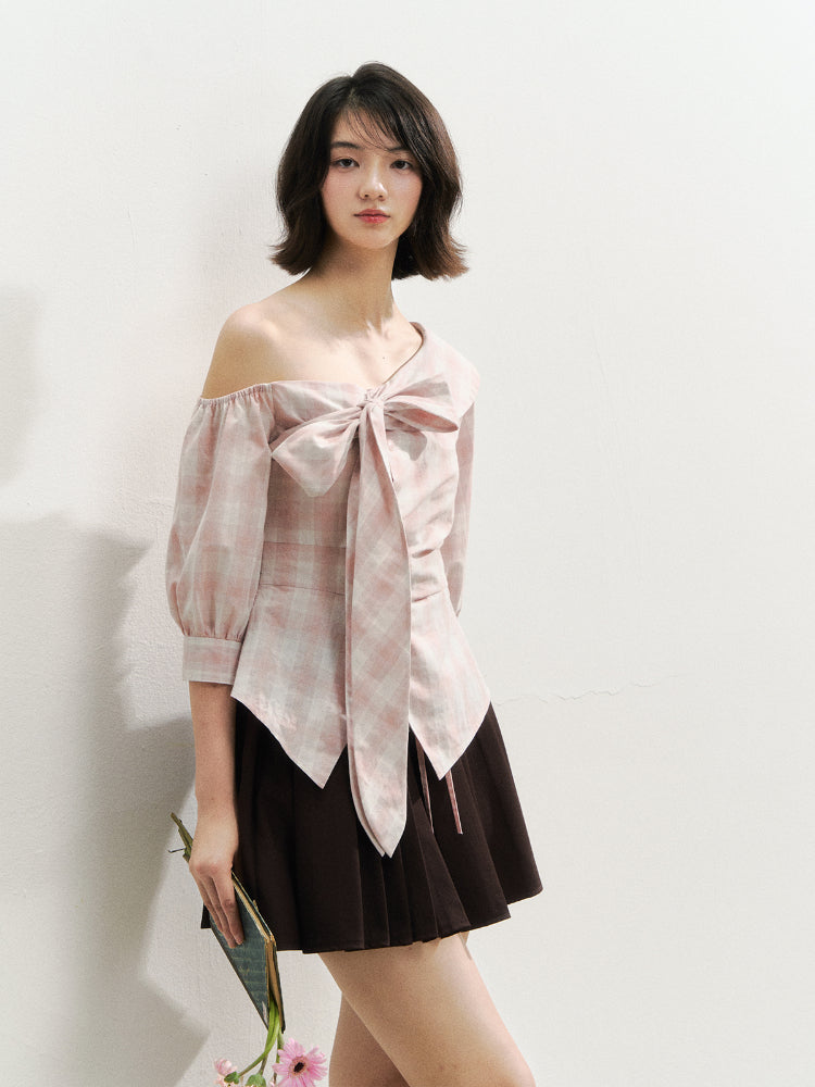 Checkered Bow One-Shoulder Asymmetric Waist-Cinching Shirt - CHINASQUAD