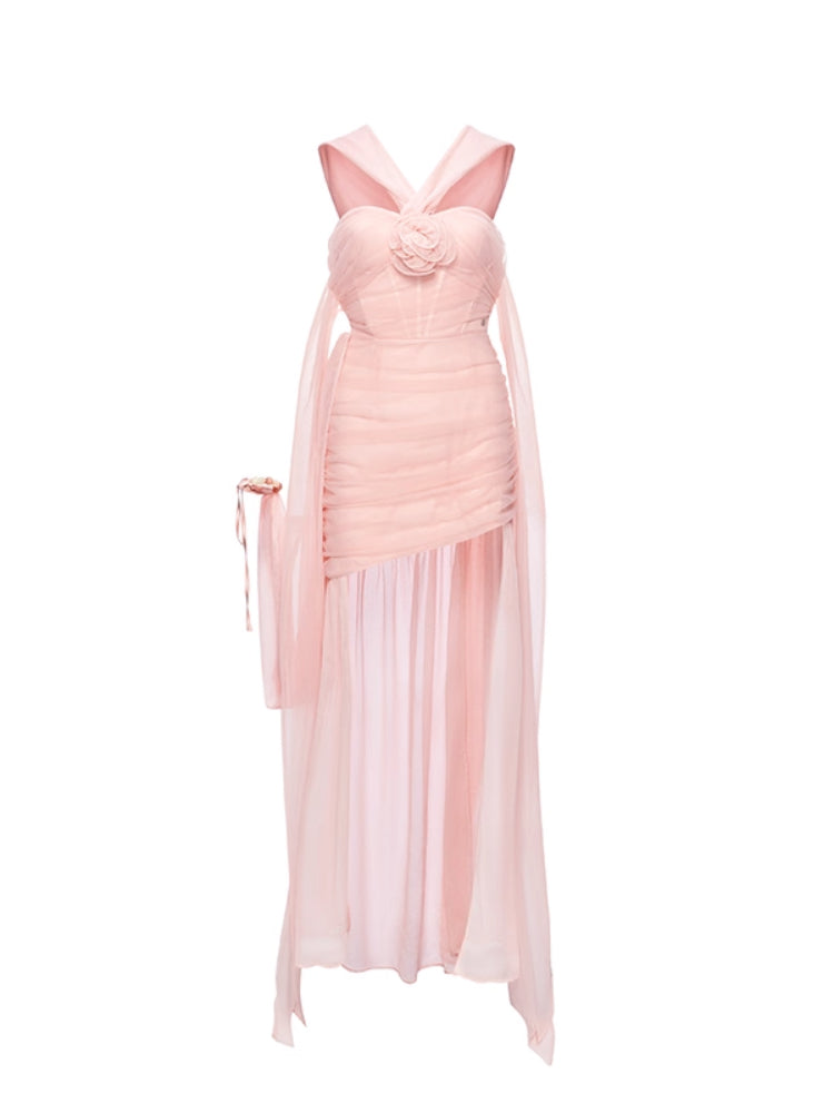 Rosa Chiffon Floral-print Halter Neck Backless Dress - CHINASQUAD