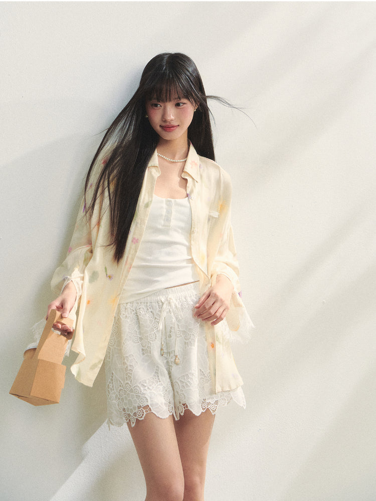White Lace Hollow-Out Tie-Up Shorts