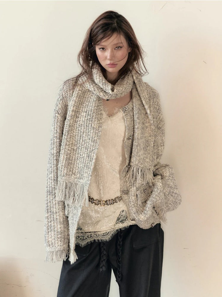 Frayed Edges Wool Mid-Length Knit Cardigan - CHINASQUAD