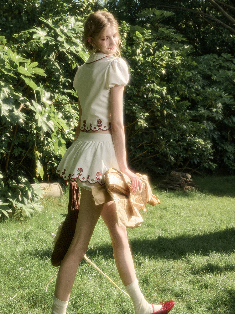 Lace Embroidery Airy Shirt & Skirt Set - CHINASQUAD