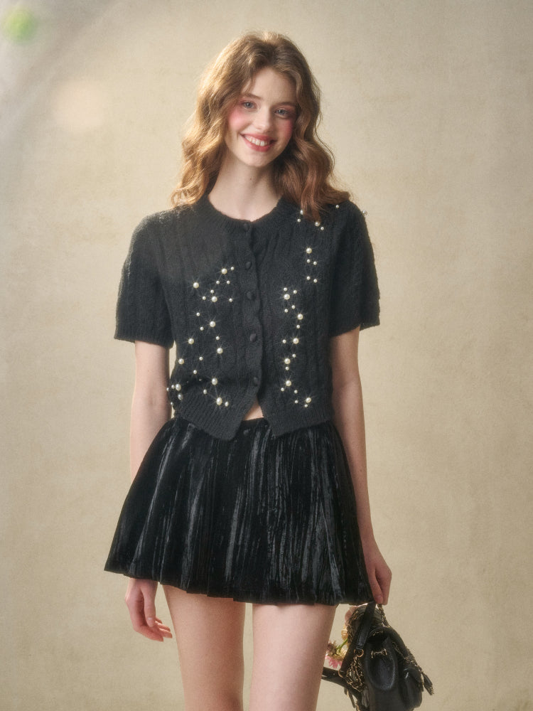 Velvet Floral Pleated Skirt - CHINASQUAD