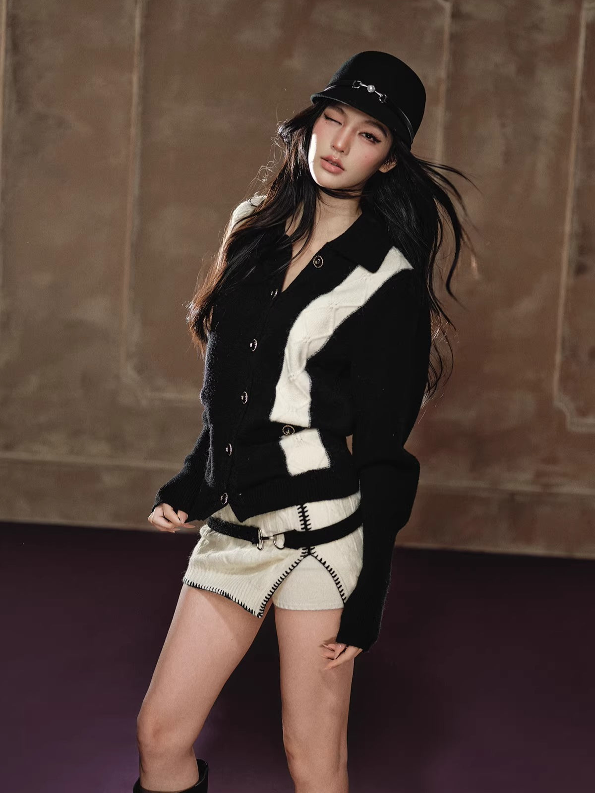 Tweed Knit Sweater & Belted Mini Skirt Set