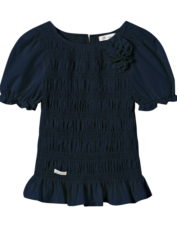 Three-Dimensional Flower Pleated Short-Sleeve Blouse - CHINASQUAD