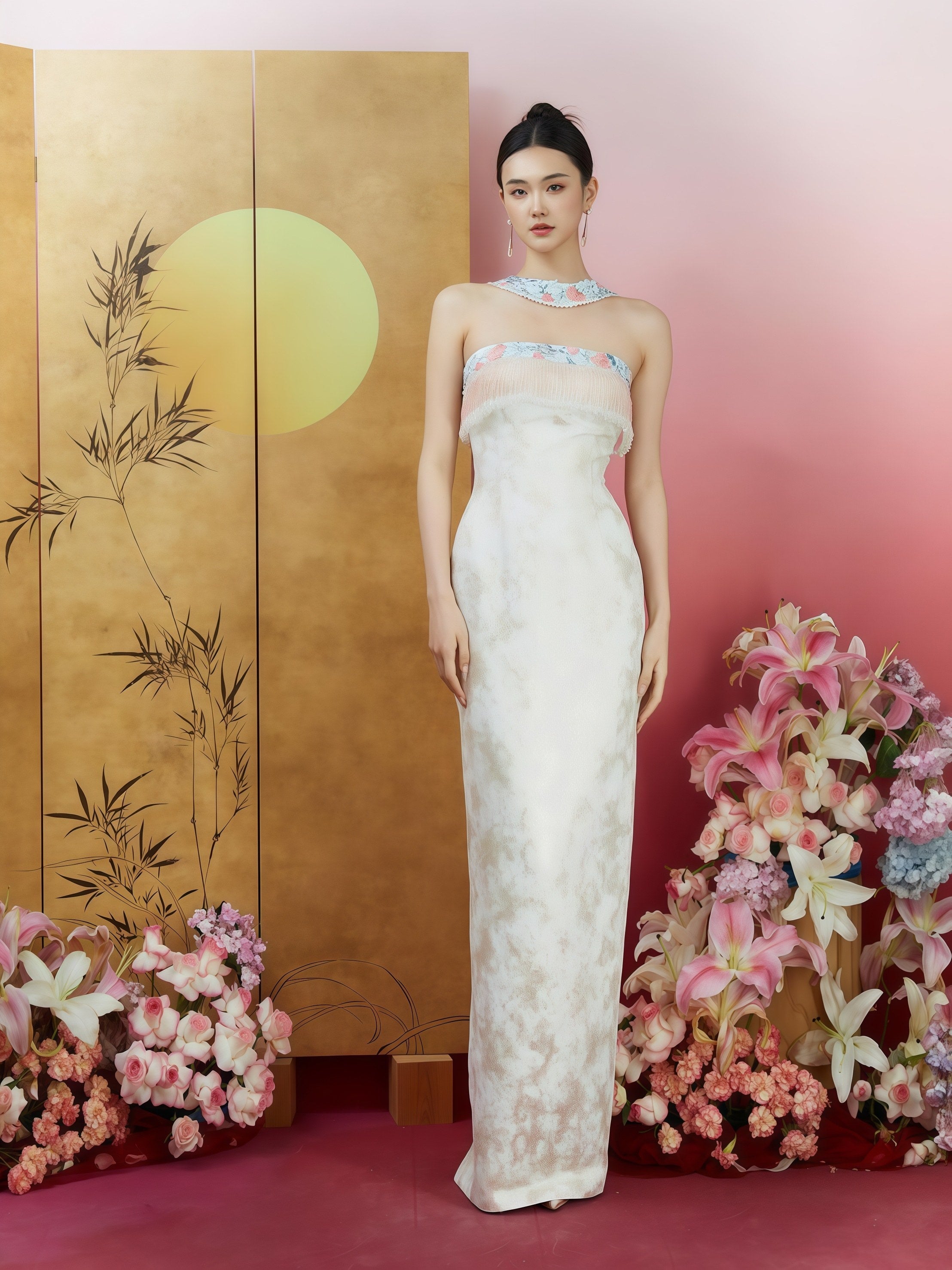 Ethereal Ivory Strapless Embroidered Gown with Detachable Flowing Train
