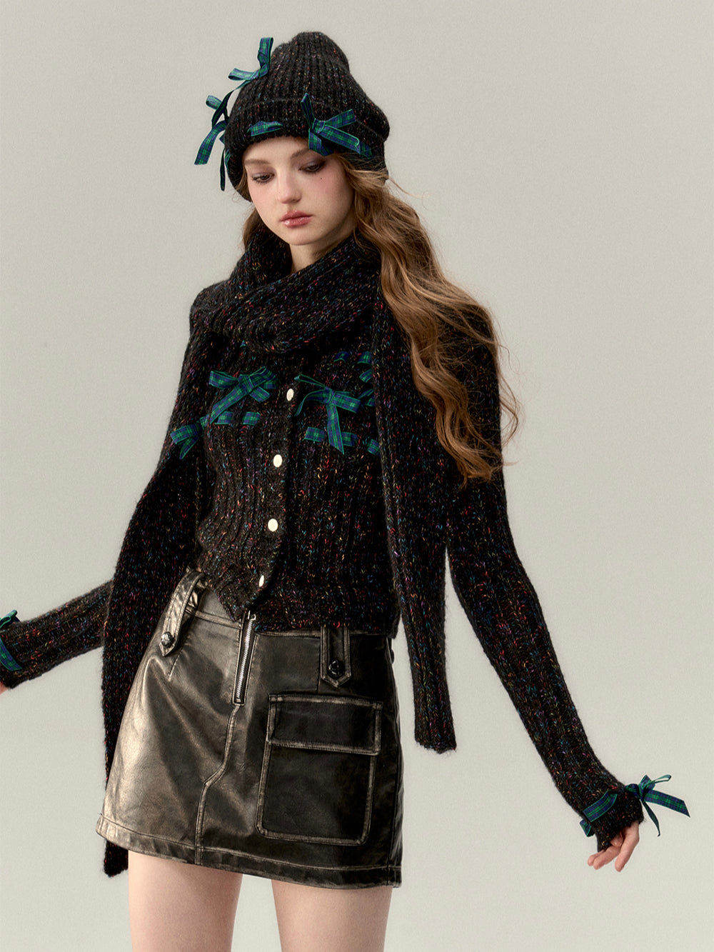 Bowknot Knit Cardigan & Hat & Scarf Set - CHINASQUAD